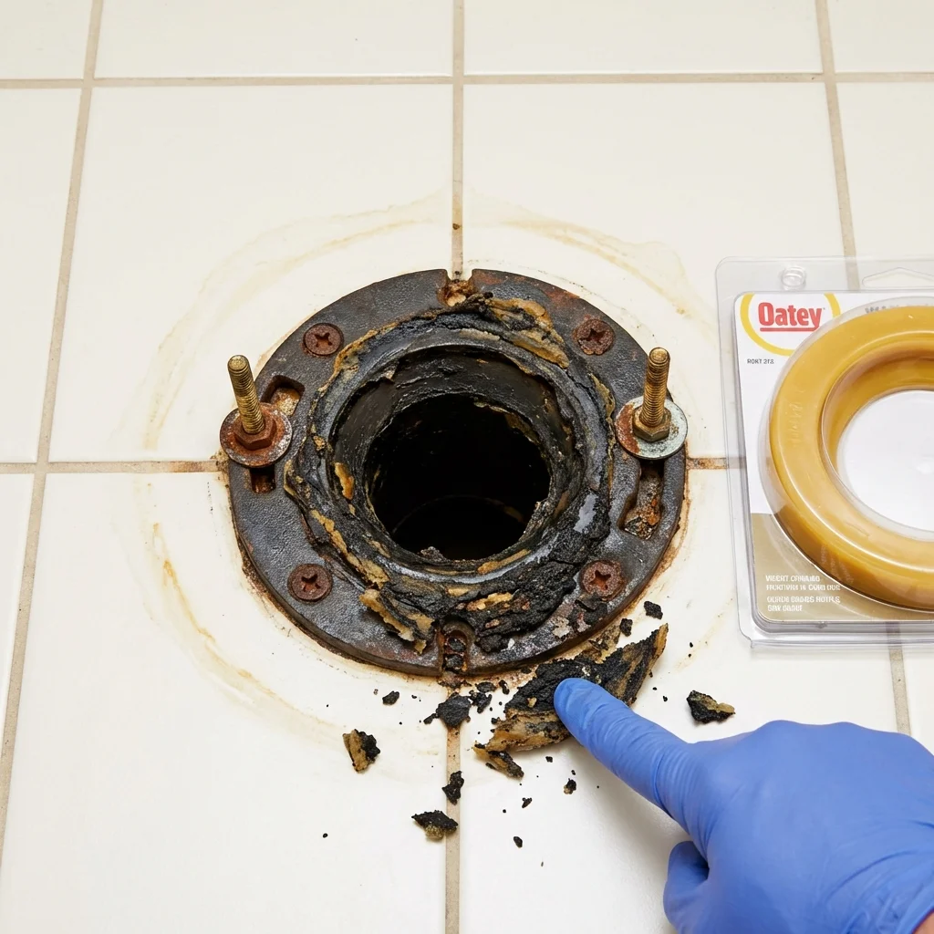 Failed wax ring showing water seepage at the base of a toilet in a Rossville, IN home