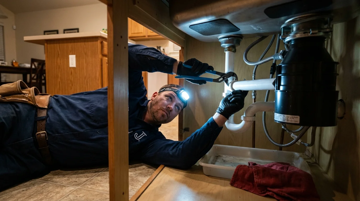 P-trap and supply line connections under a kitchen sink showing a common leak point in Rossville, IN